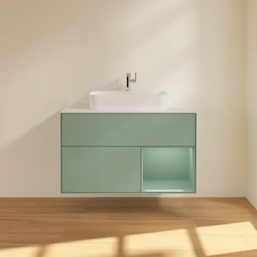 Obrázek VILLEROY BOCH Finion Vanity unit, with lighting, 2 pull-out compartments, 1000 x 603 x 501 mm, Olive Matt Lacquer / Olive Matt Lacquer / Glass White Matt #G371GMGM