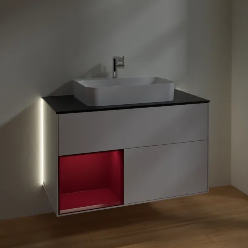 VILLEROY BOCH Finion Waschbeckenunterschrank, mit Beleuchtung, 2 Auszüge, 1000 x 603 x 501 mm, Glossy White Lacquer / Peony Matt Lacquer / Glass Black Matt #G362HBGF, Bild 5