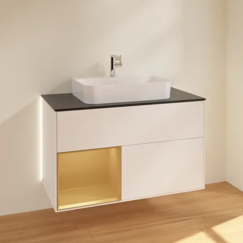 Bild von VILLEROY BOCH Finion Waschbeckenunterschrank, mit Beleuchtung, 2 Auszüge, 1000 x 603 x 501 mm, White Matt Lacquer / Gold Matt Lacquer / Glass Black Matt #G362HFMT