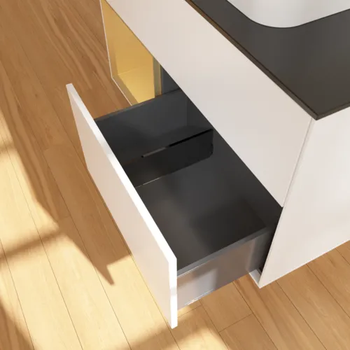 Bild von VILLEROY BOCH Finion Waschbeckenunterschrank, mit Beleuchtung, 2 Auszüge, 1000 x 603 x 501 mm, White Matt Lacquer / Gold Matt Lacquer / Glass Black Matt #G362HFMT