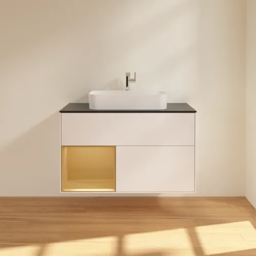 Bild von VILLEROY BOCH Finion Waschbeckenunterschrank, mit Beleuchtung, 2 Auszüge, 1000 x 603 x 501 mm, White Matt Lacquer / Gold Matt Lacquer / Glass Black Matt #G362HFMT