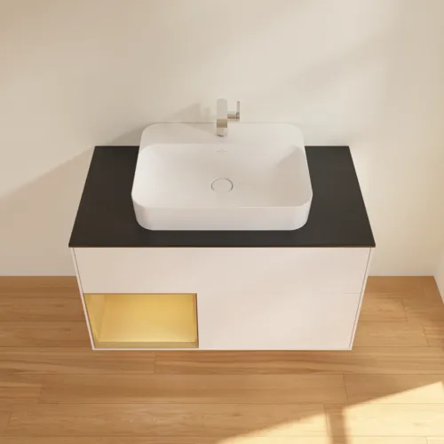 Bild von VILLEROY BOCH Finion Waschbeckenunterschrank, mit Beleuchtung, 2 Auszüge, 1000 x 603 x 501 mm, White Matt Lacquer / Gold Matt Lacquer / Glass Black Matt #G362HFMT