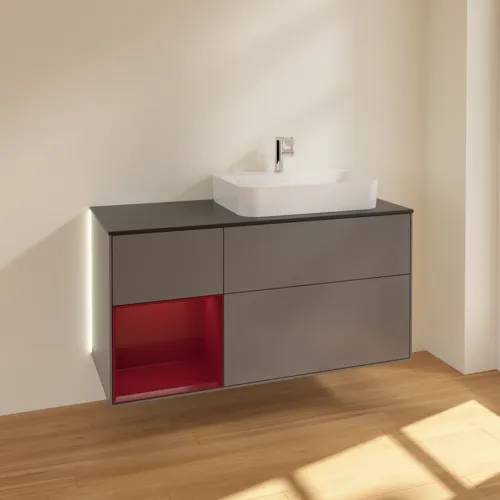 Bild von VILLEROY BOCH Finion Waschbeckenunterschrank, mit Beleuchtung, 3 Auszüge, 1200 x 603 x 501 mm, Anthracite Matt Lacquer / Peony Matt Lacquer / Glass Black Matt #G392HBGK