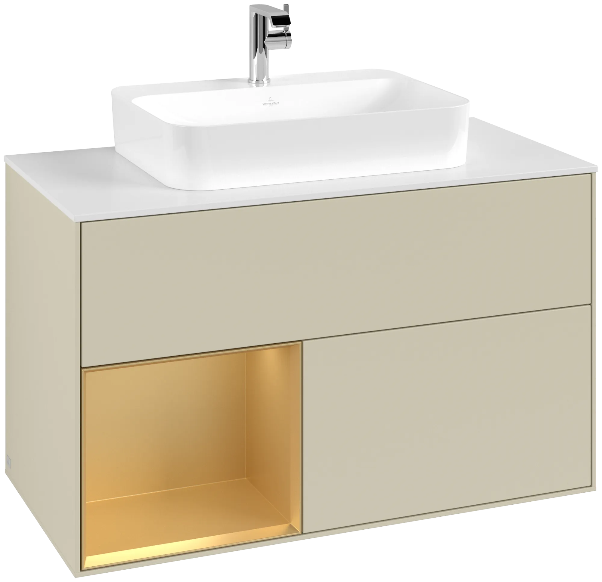 Picture of VILLEROY BOCH Finion Vanity unit, with lighting, 2 pull-out compartments, 1000 x 603 x 501 mm, Silk Grey Matt Lacquer / Gold Matt Lacquer / Glass White Matt #G361HFHJ