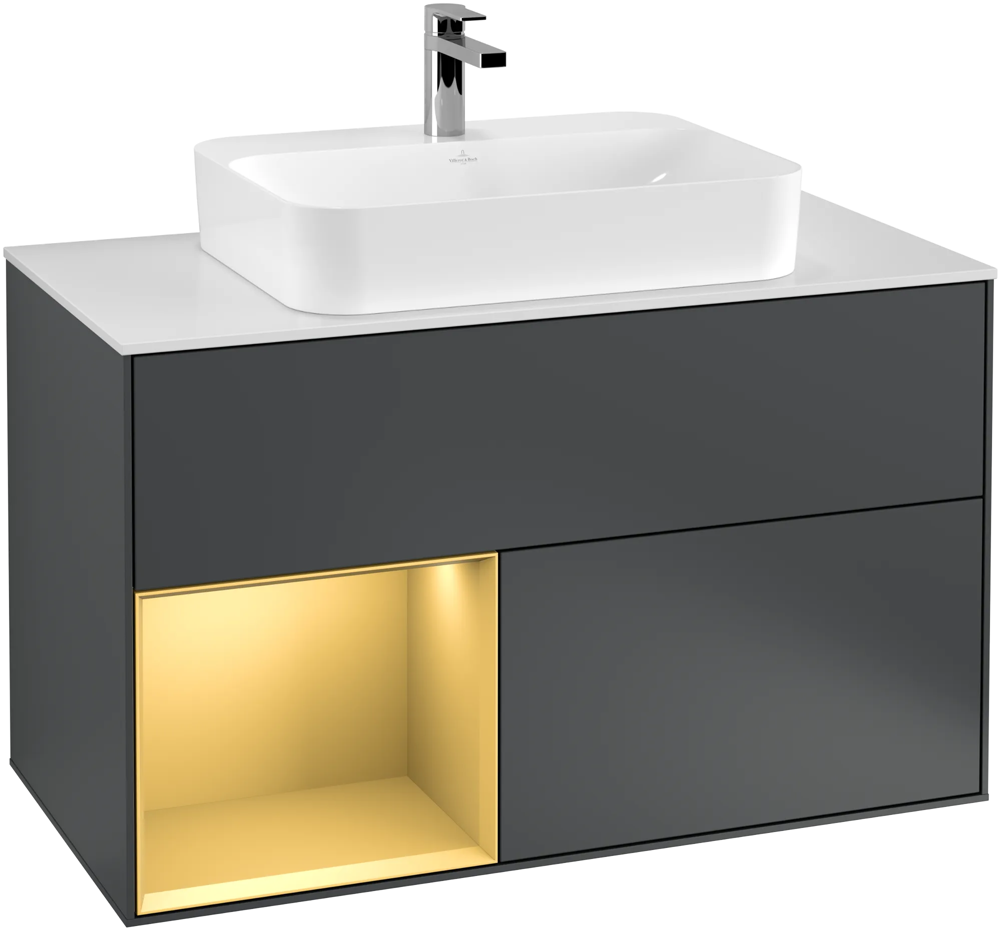 Picture of VILLEROY BOCH Finion Vanity unit, with lighting, 2 pull-out compartments, 1000 x 603 x 501 mm, Midnight Blue Matt Lacquer / Gold Matt Lacquer / Glass White Matt #G361HFHG