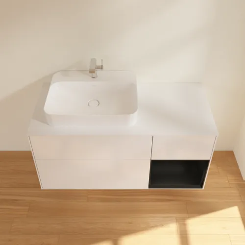 Obrázek VILLEROY BOCH Finion Vanity unit, with lighting, 3 pull-out compartments, 1200 x 603 x 501 mm, Glossy White Lacquer / Black Matt Lacquer / Glass White Matt #G401PDGF