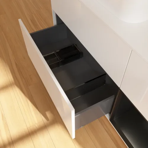 Obrázek VILLEROY BOCH Finion Vanity unit, with lighting, 3 pull-out compartments, 1200 x 603 x 501 mm, Glossy White Lacquer / Black Matt Lacquer / Glass White Matt #G401PDGF