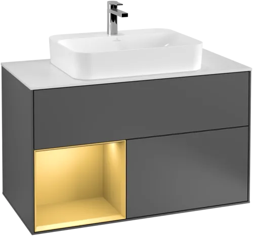 Picture of VILLEROY BOCH Finion Vanity unit, with lighting, 2 pull-out compartments, 1000 x 603 x 501 mm, Anthracite Matt Lacquer / Gold Matt Lacquer / Glass White Matt #G361HFGK