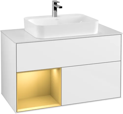 Picture of VILLEROY BOCH Finion Vanity unit, with lighting, 2 pull-out compartments, 1000 x 603 x 501 mm, Glossy White Lacquer / Gold Matt Lacquer / Glass White Matt #G361HFGF