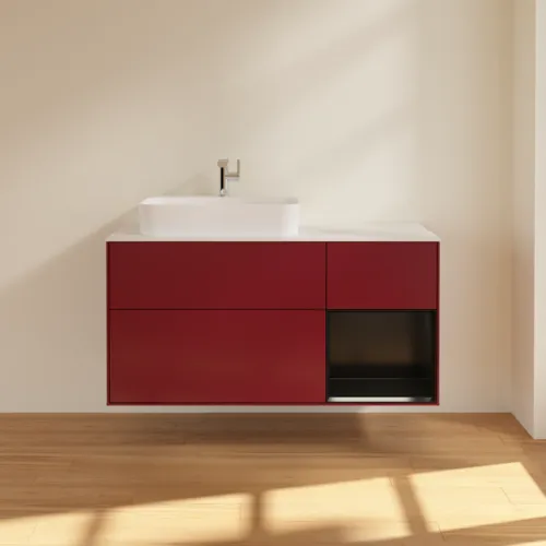 Bild von VILLEROY BOCH Finion Waschbeckenunterschrank, mit Beleuchtung, 3 Auszüge, 1200 x 603 x 501 mm, Peony Matt Lacquer / Black Matt Lacquer / Glass White Matt #G401PDHB