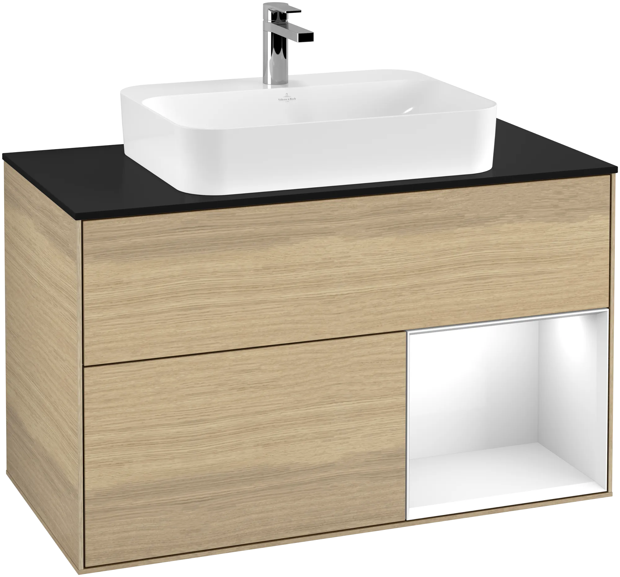 VILLEROY BOCH Finion Vanity unit, with lighting, 2 pull-out compartments, 1000 x 603 x 501 mm, Oak Veneer / Glossy White Lacquer / Glass Black Matt #G372GFPC resmi