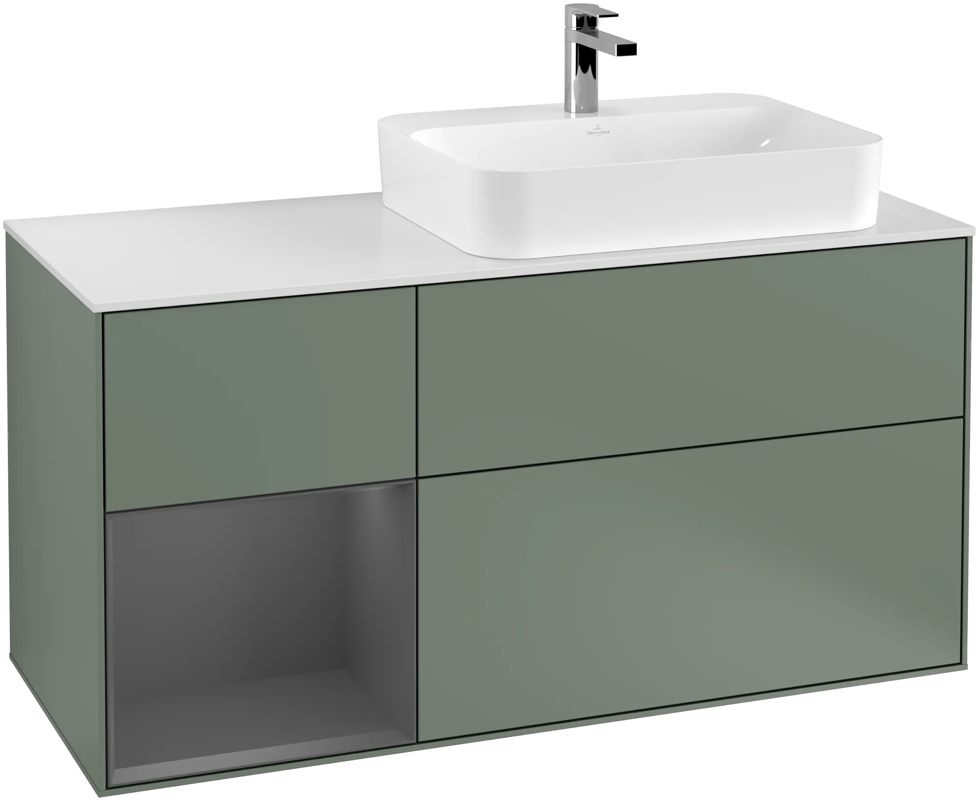 Obrázek VILLEROY BOCH Finion Vanity unit, with lighting, 3 pull-out compartments, 1200 x 603 x 501 mm, Olive Matt Lacquer / Anthracite Matt Lacquer / Glass White Matt #G391GKGM