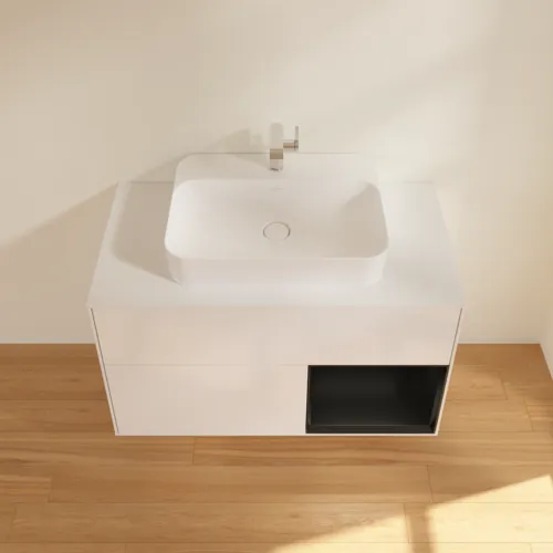 VILLEROY BOCH Finion Waschbeckenunterschrank, mit Beleuchtung, 2 Auszüge, 1000 x 603 x 501 mm, Glossy White Lacquer / Black Matt Lacquer / Glass White Matt #G371PDGF, Bild 4
