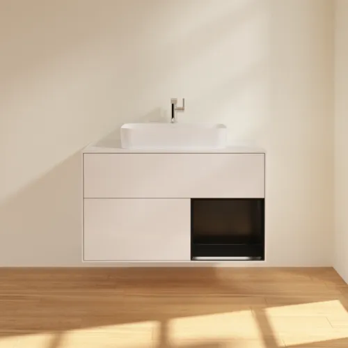 VILLEROY BOCH Finion Waschbeckenunterschrank, mit Beleuchtung, 2 Auszüge, 1000 x 603 x 501 mm, Glossy White Lacquer / Black Matt Lacquer / Glass White Matt #G371PDGF, Bild 3