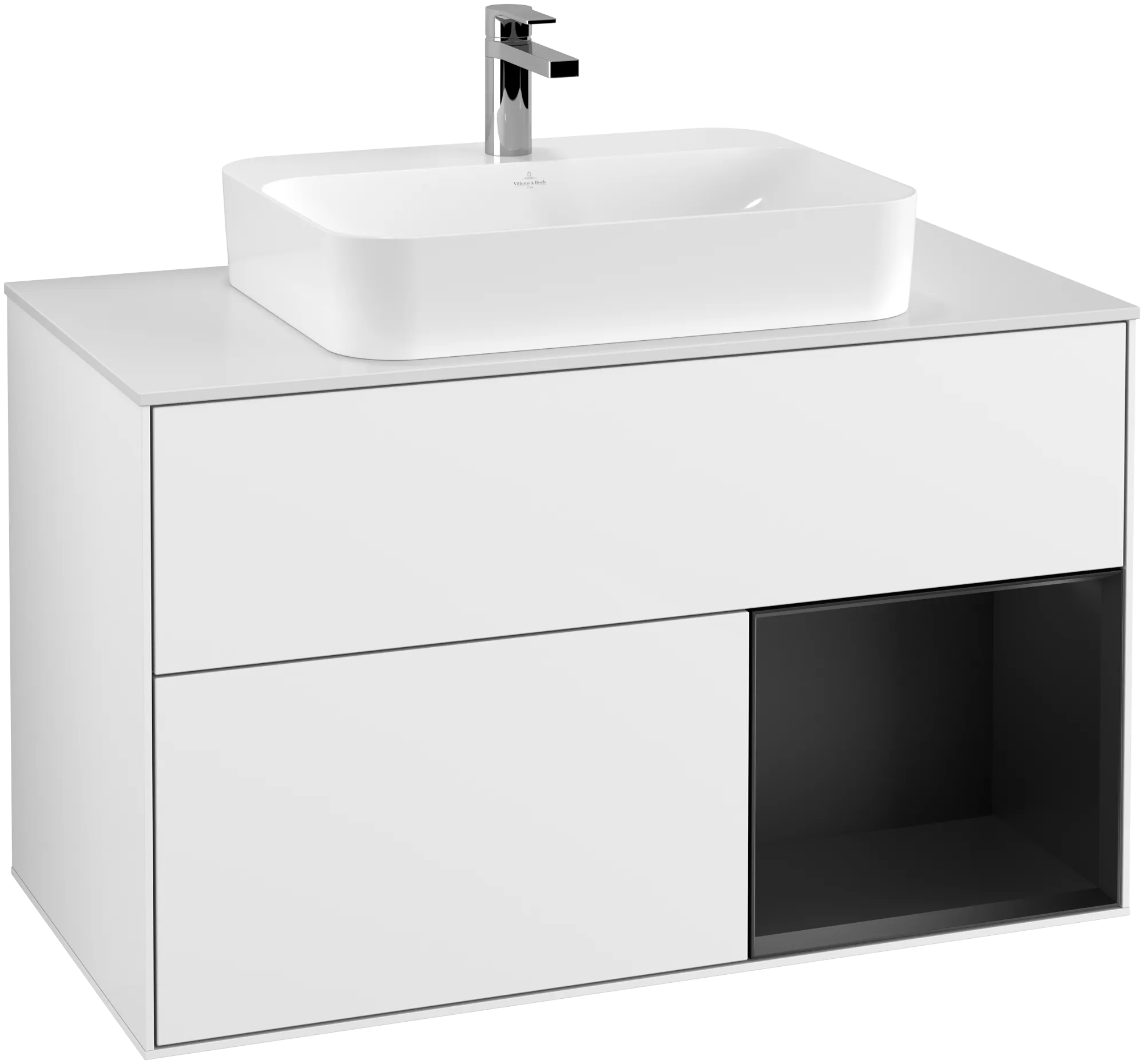 VILLEROY BOCH Finion Vanity unit, with lighting, 2 pull-out compartments, 1000 x 603 x 501 mm, Glossy White Lacquer / Black Matt Lacquer / Glass White Matt #G371PDGF resmi