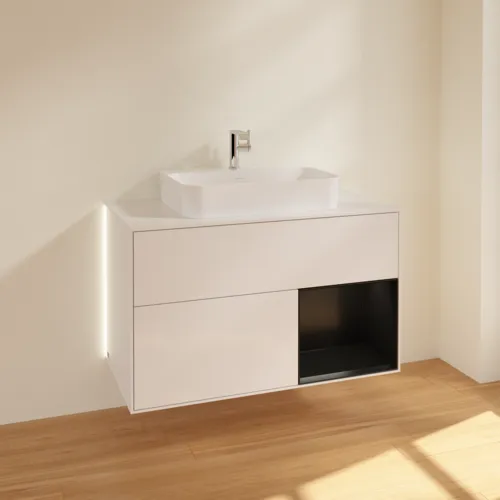 VILLEROY BOCH Finion Waschbeckenunterschrank, mit Beleuchtung, 2 Auszüge, 1000 x 603 x 501 mm, Glossy White Lacquer / Black Matt Lacquer / Glass White Matt #G371PDGF, Bild 2
