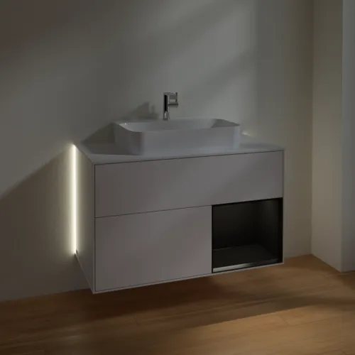 VILLEROY BOCH Finion Waschbeckenunterschrank, mit Beleuchtung, 2 Auszüge, 1000 x 603 x 501 mm, Glossy White Lacquer / Black Matt Lacquer / Glass White Matt #G371PDGF, Bild 5