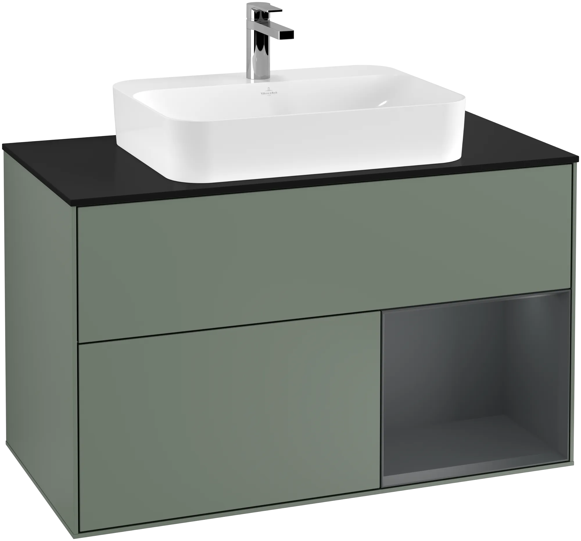 Picture of VILLEROY BOCH Finion Vanity unit, with lighting, 2 pull-out compartments, 1000 x 603 x 501 mm, Olive Matt Lacquer / Midnight Blue Matt Lacquer / Glass Black Matt #G372HGGM