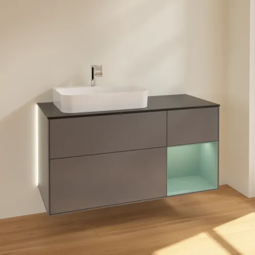 Bild von VILLEROY BOCH Finion Waschbeckenunterschrank, mit Beleuchtung, 3 Auszüge, 1200 x 603 x 501 mm, Anthracite Matt Lacquer / Olive Matt Lacquer / Glass Black Matt #G402GMGK