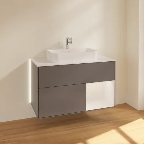 Bild von VILLEROY BOCH Finion Waschbeckenunterschrank, mit Beleuchtung, 2 Auszüge, 1000 x 603 x 501 mm, Anthracite Matt Lacquer / Glossy White Lacquer / Glass White Matt #G371GFGK