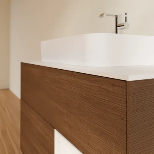 VILLEROY BOCH Finion Waschbeckenunterschrank, mit Beleuchtung, 2 Auszüge, 1000 x 603 x 501 mm, Walnut Veneer / Glossy White Lacquer / Glass White Matt #G371GFGN, Bild 6