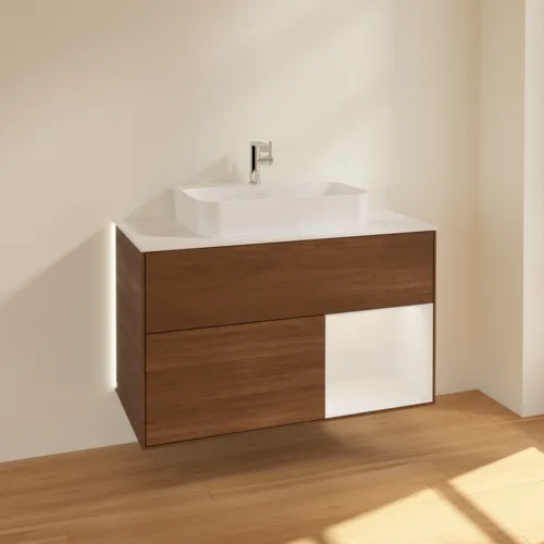 VILLEROY BOCH Finion Waschbeckenunterschrank, mit Beleuchtung, 2 Auszüge, 1000 x 603 x 501 mm, Walnut Veneer / Glossy White Lacquer / Glass White Matt #G371GFGN, Bild 2