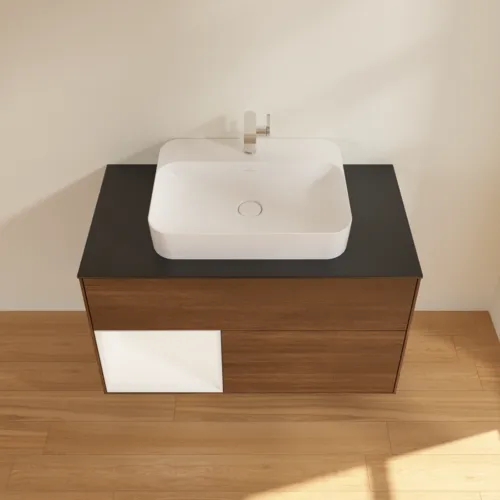 VILLEROY BOCH Finion Waschbeckenunterschrank, mit Beleuchtung, 2 Auszüge, 1000 x 603 x 501 mm, Walnut Veneer / White Matt Lacquer / Glass Black Matt #G362MTGN, Bild 4