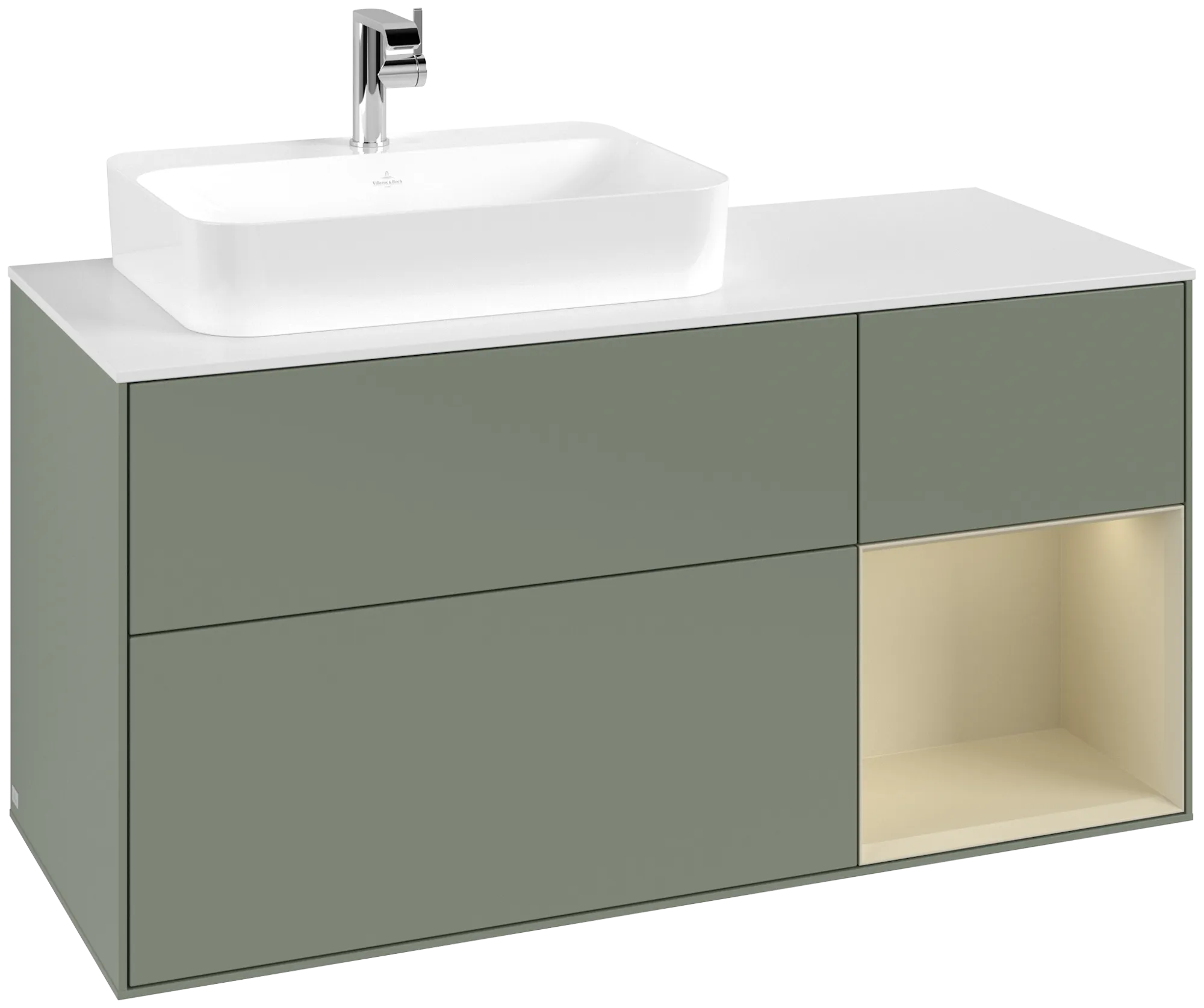 VILLEROY BOCH Finion Vanity unit, with lighting, 3 pull-out compartments, 1200 x 603 x 501 mm, Olive Matt Lacquer / Silk Grey Matt Lacquer / Glass White Matt #G401HJGM resmi