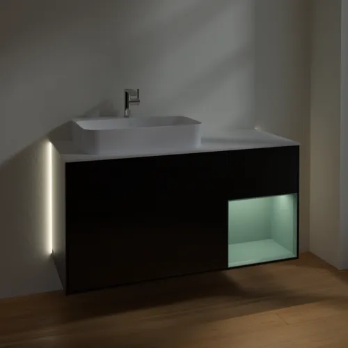 Bild von VILLEROY BOCH Finion Waschbeckenunterschrank, mit Beleuchtung, 3 Auszüge, 1200 x 603 x 501 mm, Black Matt Lacquer / Olive Matt Lacquer / Glass White Matt #G401GMPD