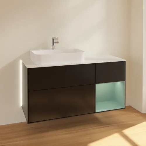 Bild von VILLEROY BOCH Finion Waschbeckenunterschrank, mit Beleuchtung, 3 Auszüge, 1200 x 603 x 501 mm, Black Matt Lacquer / Olive Matt Lacquer / Glass White Matt #G401GMPD