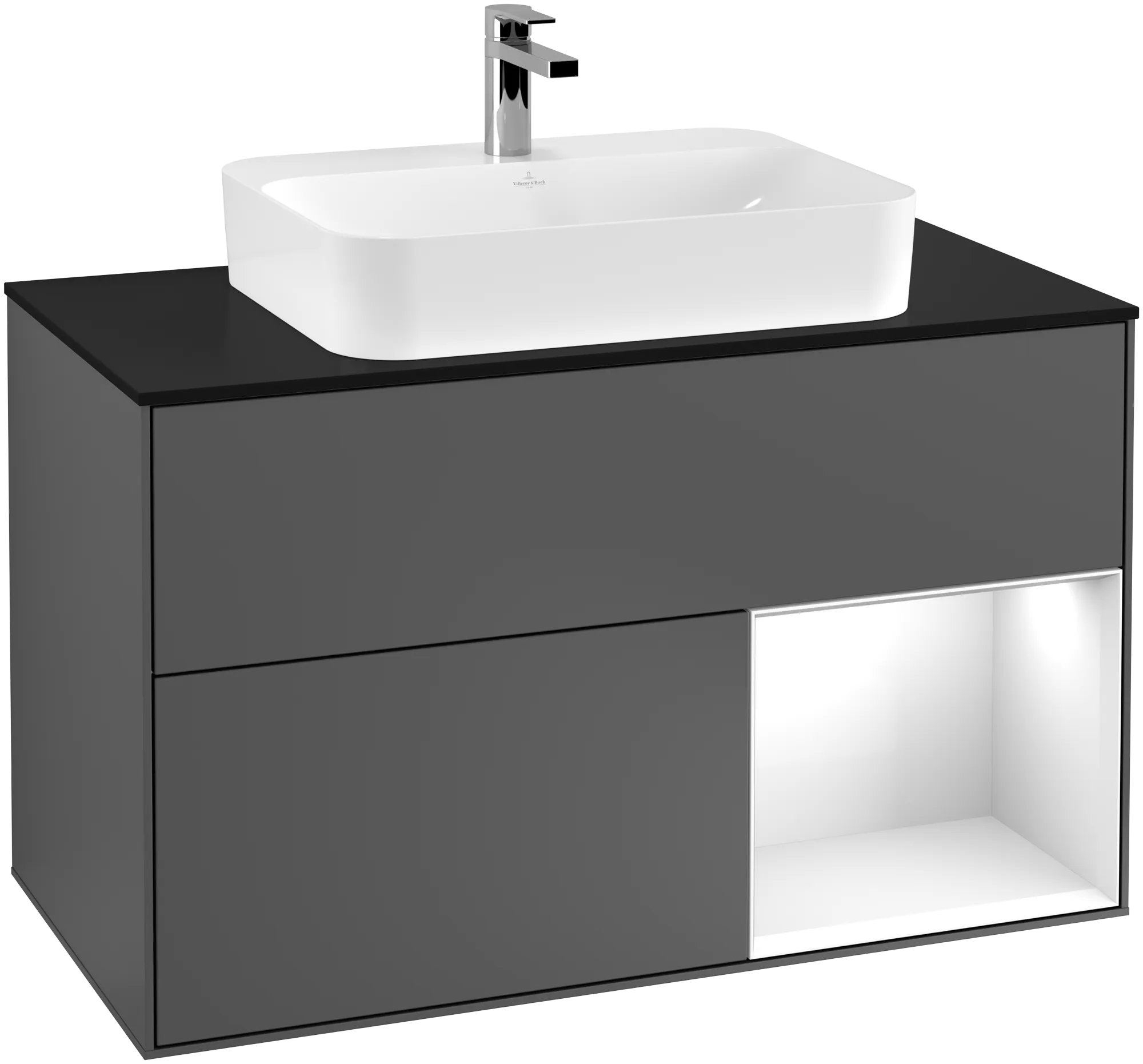 VILLEROY BOCH Finion Vanity unit, with lighting, 2 pull-out compartments, 1000 x 603 x 501 mm, Anthracite Matt Lacquer / Glossy White Lacquer / Glass Black Matt #G372GFGK resmi