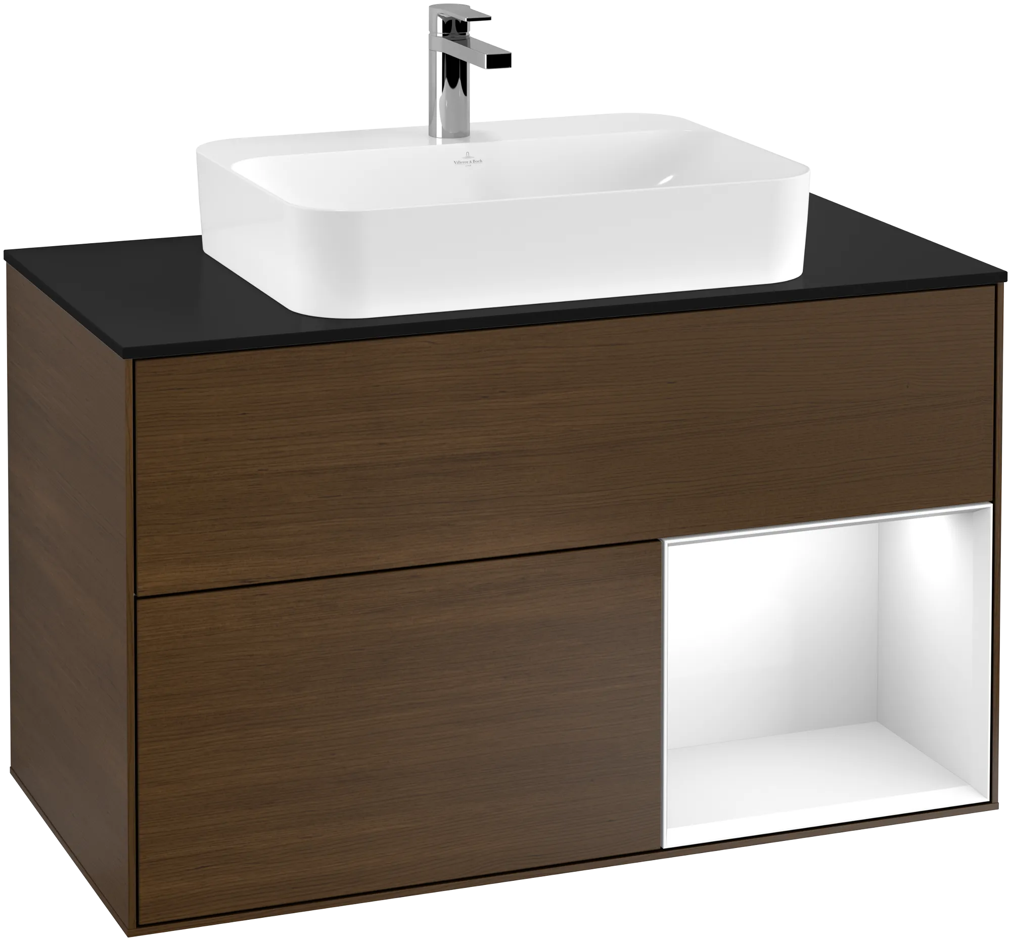 VILLEROY BOCH Finion Vanity unit, with lighting, 2 pull-out compartments, 1000 x 603 x 501 mm, Walnut Veneer / Glossy White Lacquer / Glass Black Matt #G372GFGN resmi