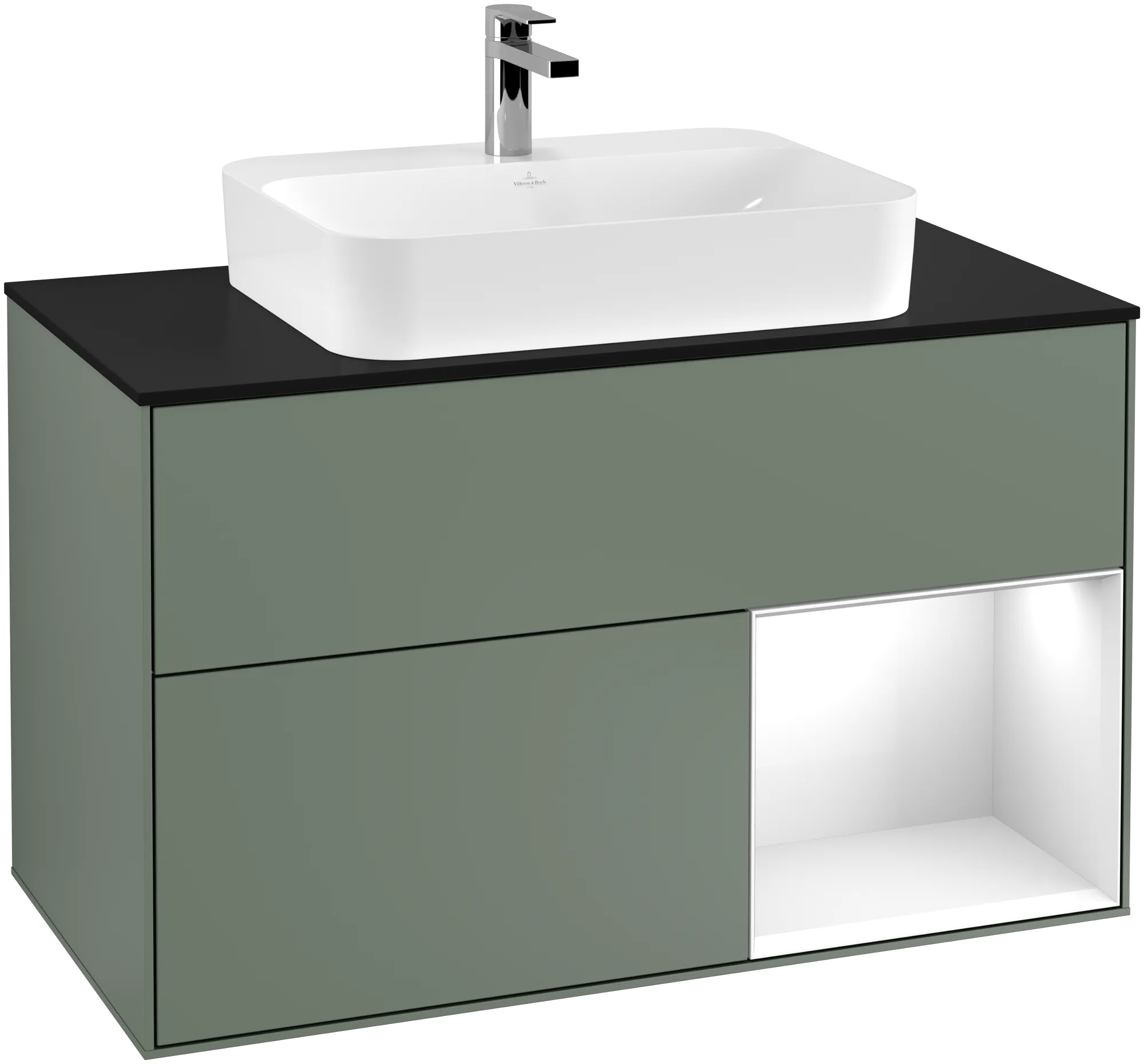 VILLEROY BOCH Finion Vanity unit, with lighting, 2 pull-out compartments, 1000 x 603 x 501 mm, Olive Matt Lacquer / Glossy White Lacquer / Glass Black Matt #G372GFGM resmi