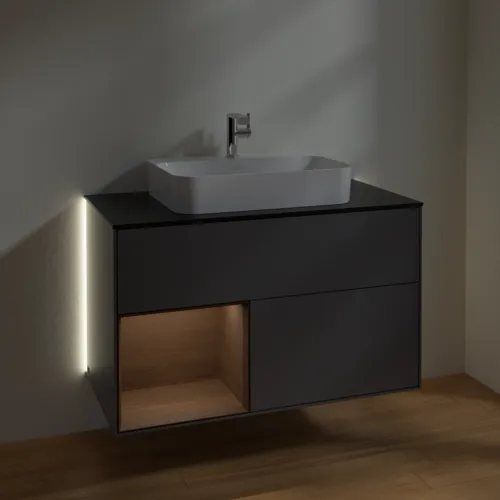 Picture of VILLEROY BOCH Finion Vanity unit, with lighting, 2 pull-out compartments, 1000 x 603 x 501 mm, Anthracite Matt Lacquer / Walnut Veneer / Glass Black Matt #G362GNGK