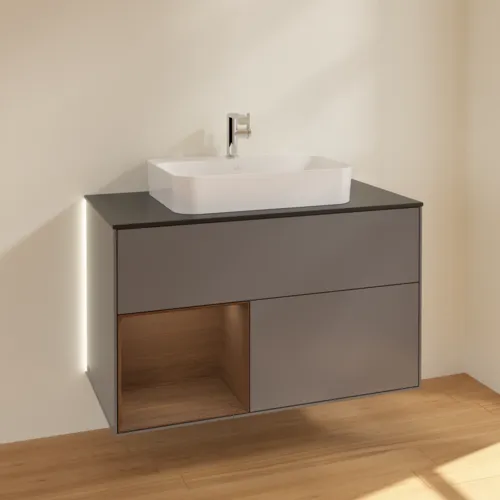 Picture of VILLEROY BOCH Finion Vanity unit, with lighting, 2 pull-out compartments, 1000 x 603 x 501 mm, Anthracite Matt Lacquer / Walnut Veneer / Glass Black Matt #G362GNGK