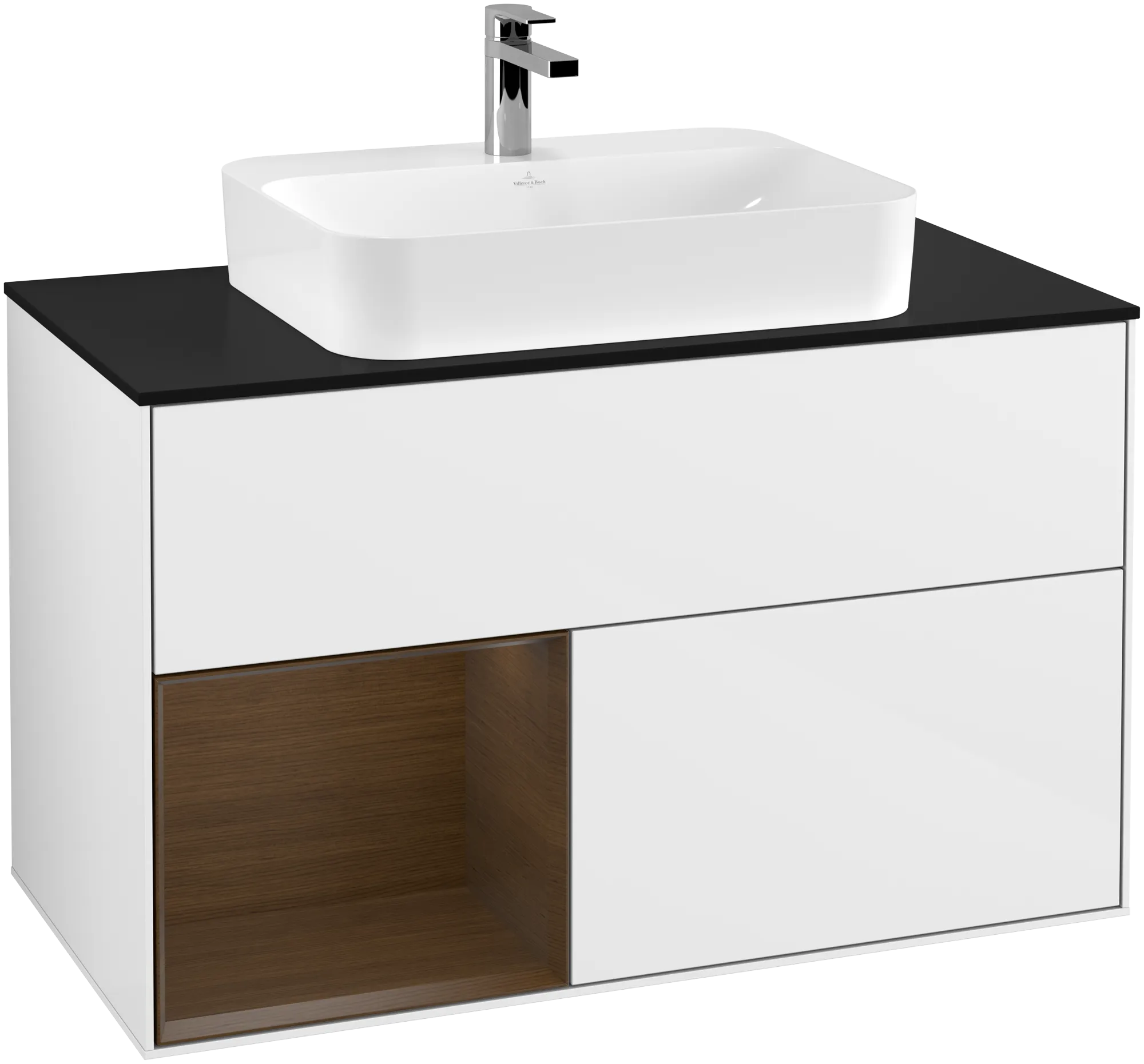 Picture of VILLEROY BOCH Finion Vanity unit, with lighting, 2 pull-out compartments, 1000 x 603 x 501 mm, Glossy White Lacquer / Walnut Veneer / Glass Black Matt #G362GNGF