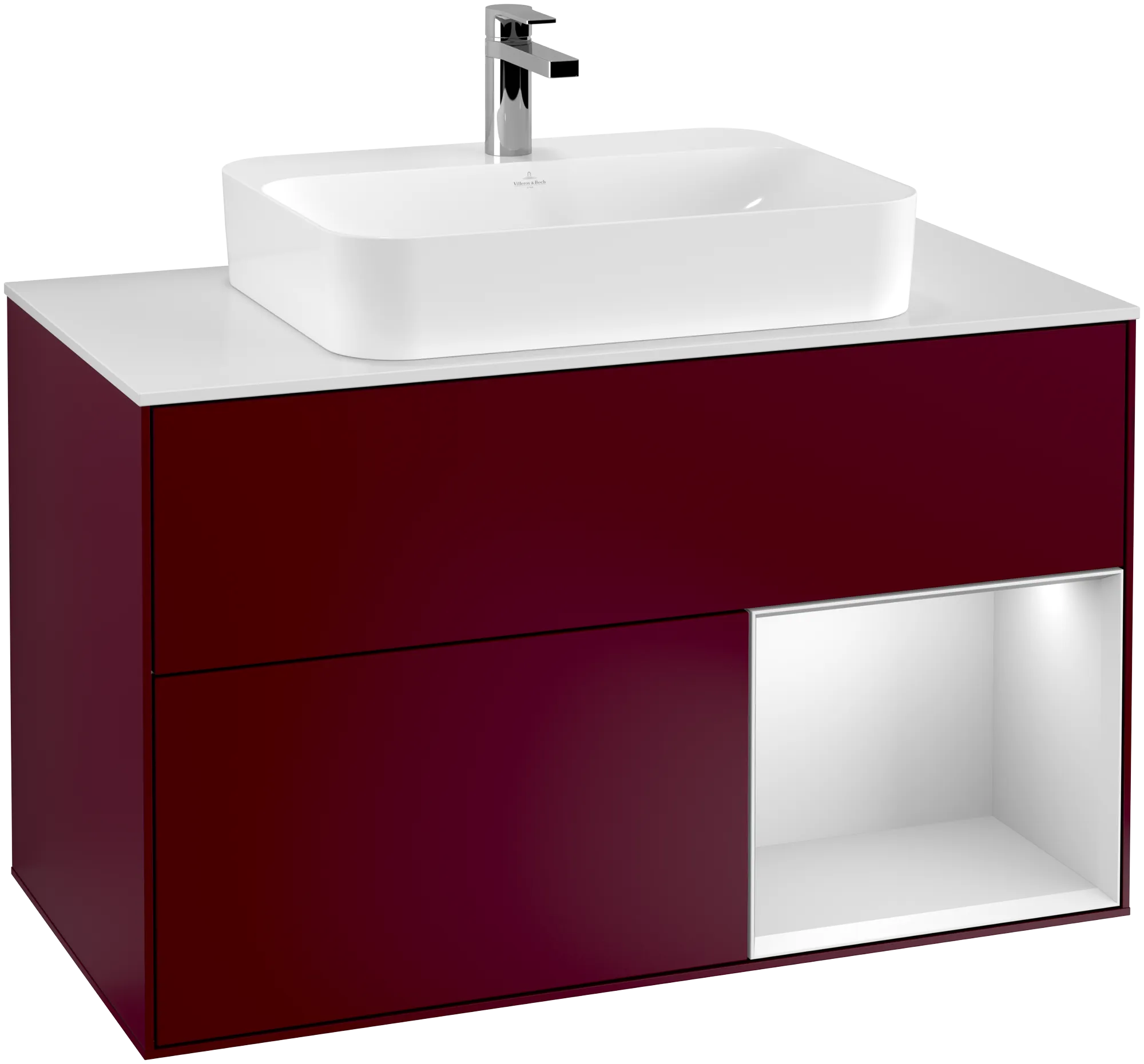 Picture of VILLEROY BOCH Finion Vanity unit, with lighting, 2 pull-out compartments, 1000 x 603 x 501 mm, Peony Matt Lacquer / White Matt Lacquer / Glass White Matt #G371MTHB