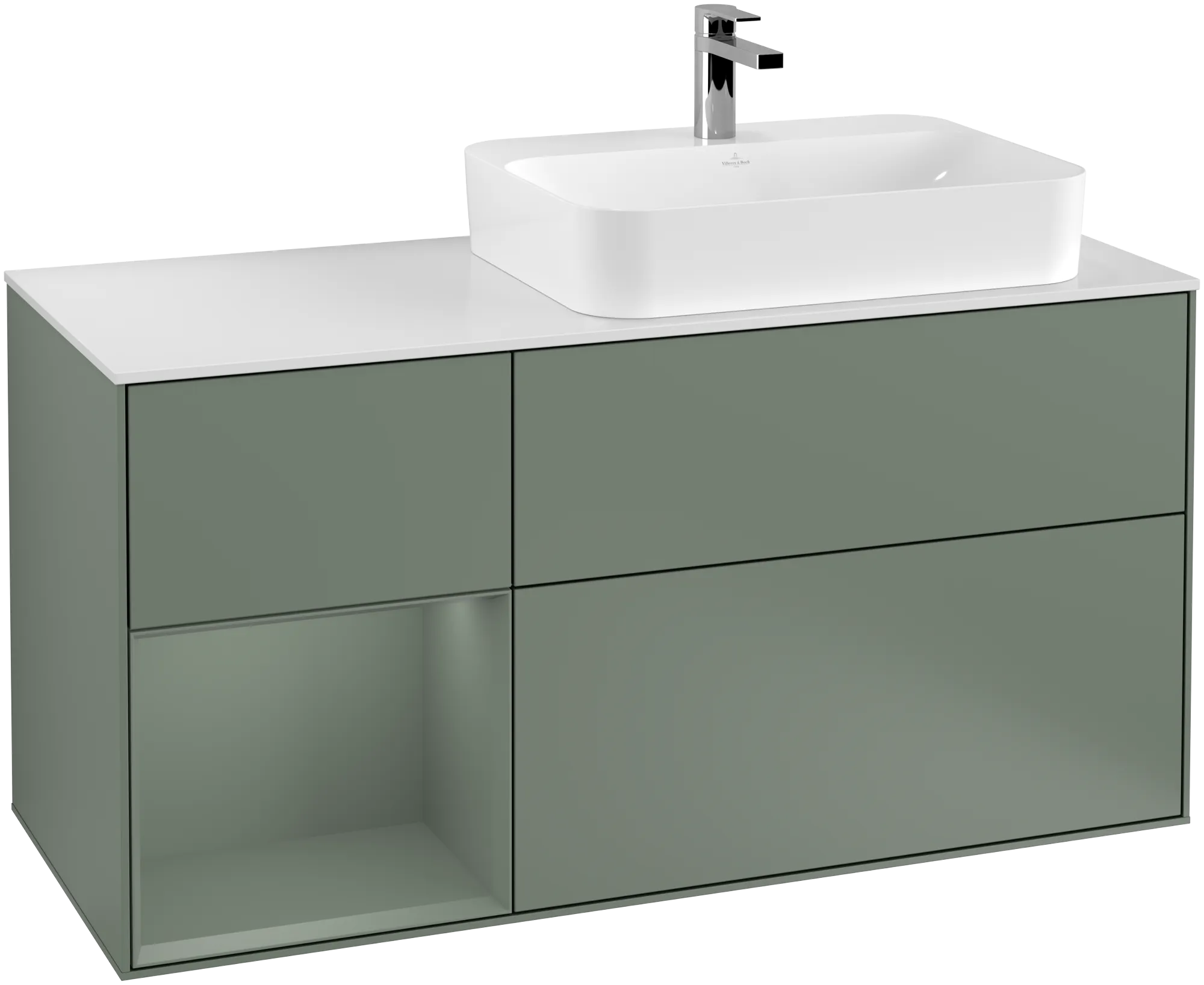 Picture of VILLEROY BOCH Finion Vanity unit, with lighting, 3 pull-out compartments, 1200 x 603 x 501 mm, Olive Matt Lacquer / Olive Matt Lacquer / Glass White Matt #G391GMGM