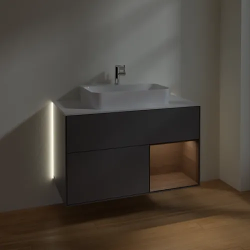 Bild von VILLEROY BOCH Finion Waschbeckenunterschrank, mit Beleuchtung, 2 Auszüge, 1000 x 603 x 501 mm, Anthracite Matt Lacquer / Walnut Veneer / Glass White Matt #G371GNGK