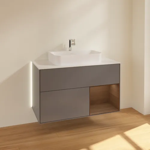 Bild von VILLEROY BOCH Finion Waschbeckenunterschrank, mit Beleuchtung, 2 Auszüge, 1000 x 603 x 501 mm, Anthracite Matt Lacquer / Walnut Veneer / Glass White Matt #G371GNGK