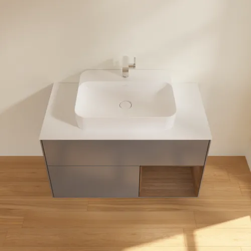 Bild von VILLEROY BOCH Finion Waschbeckenunterschrank, mit Beleuchtung, 2 Auszüge, 1000 x 603 x 501 mm, Anthracite Matt Lacquer / Walnut Veneer / Glass White Matt #G371GNGK