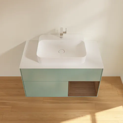Bild von VILLEROY BOCH Finion Waschbeckenunterschrank, mit Beleuchtung, 2 Auszüge, 1000 x 603 x 501 mm, Olive Matt Lacquer / Walnut Veneer / Glass White Matt #G371GNGM