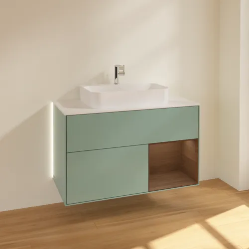 Bild von VILLEROY BOCH Finion Waschbeckenunterschrank, mit Beleuchtung, 2 Auszüge, 1000 x 603 x 501 mm, Olive Matt Lacquer / Walnut Veneer / Glass White Matt #G371GNGM