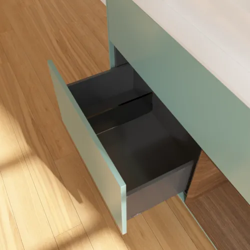Bild von VILLEROY BOCH Finion Waschbeckenunterschrank, mit Beleuchtung, 2 Auszüge, 1000 x 603 x 501 mm, Olive Matt Lacquer / Walnut Veneer / Glass White Matt #G371GNGM