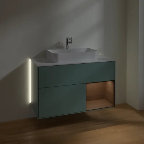 Bild von VILLEROY BOCH Finion Waschbeckenunterschrank, mit Beleuchtung, 2 Auszüge, 1000 x 603 x 501 mm, Olive Matt Lacquer / Walnut Veneer / Glass White Matt #G371GNGM