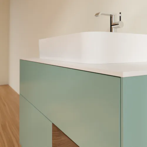 Bild von VILLEROY BOCH Finion Waschbeckenunterschrank, mit Beleuchtung, 2 Auszüge, 1000 x 603 x 501 mm, Olive Matt Lacquer / Walnut Veneer / Glass White Matt #G371GNGM