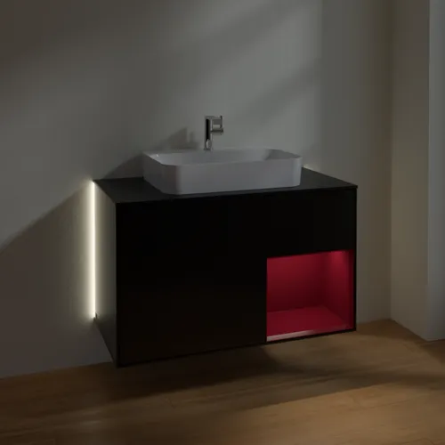 Bild von VILLEROY BOCH Finion Waschbeckenunterschrank, mit Beleuchtung, 2 Auszüge, 1000 x 603 x 501 mm, Black Matt Lacquer / Peony Matt Lacquer / Glass Black Matt #G372HBPD