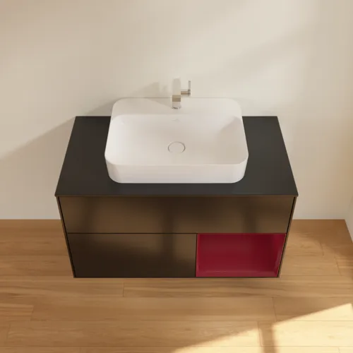 Bild von VILLEROY BOCH Finion Waschbeckenunterschrank, mit Beleuchtung, 2 Auszüge, 1000 x 603 x 501 mm, Black Matt Lacquer / Peony Matt Lacquer / Glass Black Matt #G372HBPD