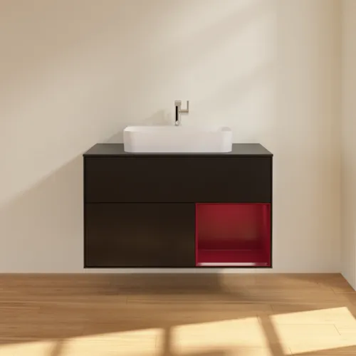 Bild von VILLEROY BOCH Finion Waschbeckenunterschrank, mit Beleuchtung, 2 Auszüge, 1000 x 603 x 501 mm, Black Matt Lacquer / Peony Matt Lacquer / Glass Black Matt #G372HBPD