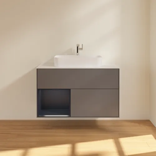 Bild von VILLEROY BOCH Finion Waschbeckenunterschrank, mit Beleuchtung, 2 Auszüge, 1000 x 603 x 501 mm, Anthracite Matt Lacquer / Midnight Blue Matt Lacquer / Glass White Matt #G361HGGK